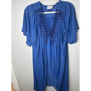 Shadowline Blue Vintage Lace Night Gown Robe Size 1X Button Down USA